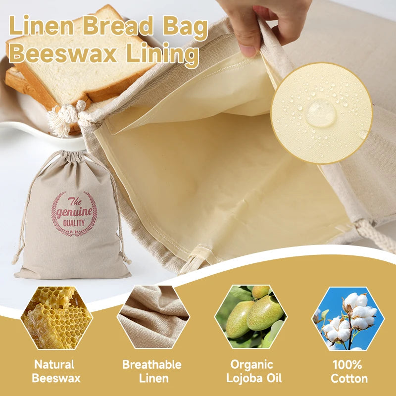 Beeswax Linen Bread Bags, Washable, Removable Lining, Reusable Bread Bag
